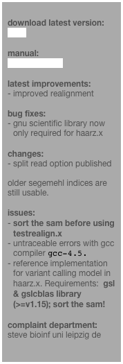 
download latest version:
0.2.0

manual:
download here

latest improvements:
improved realignment

bug fixes:
gnu scientific library now only required for haarz.x

changes:
- split read option published

older segemehl indices are still usable.

issues:
sort the sam before using testrealign.x
untraceable errors with gcc compiler gcc-4.5. 
reference implementation for variant calling model in haarz.x. Requirements:  gsl & gslcblas library (>=v1.15); sort the sam! 

complaint department:
steve bioinf uni leipzig de
